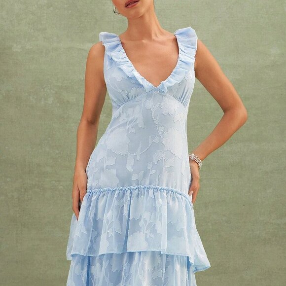 Blue Elegant Women's Floral Textured Tiered Ruffle Maxi Dress - Picture 4 of 5